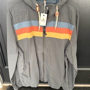 Marine Layer Gray Hooded Jacket with Blue, Orange & Yellow Chest Stripes